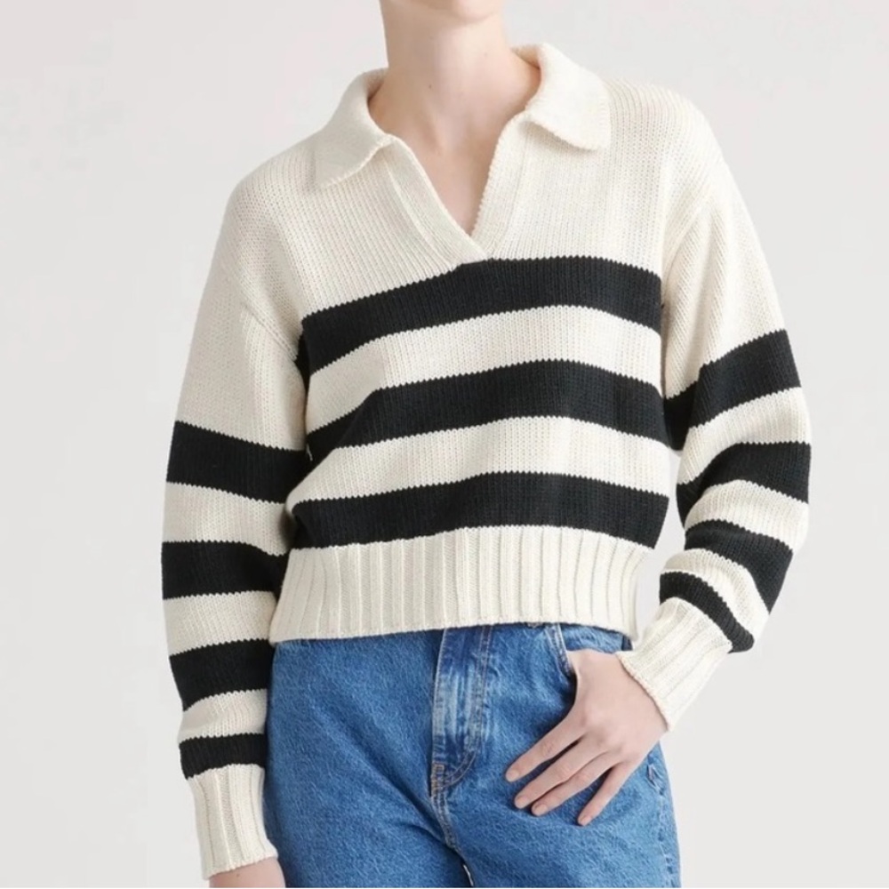 Quince 100% Organic Cotton Cropped Polo Sweater Black & Cream Stripes M Striped